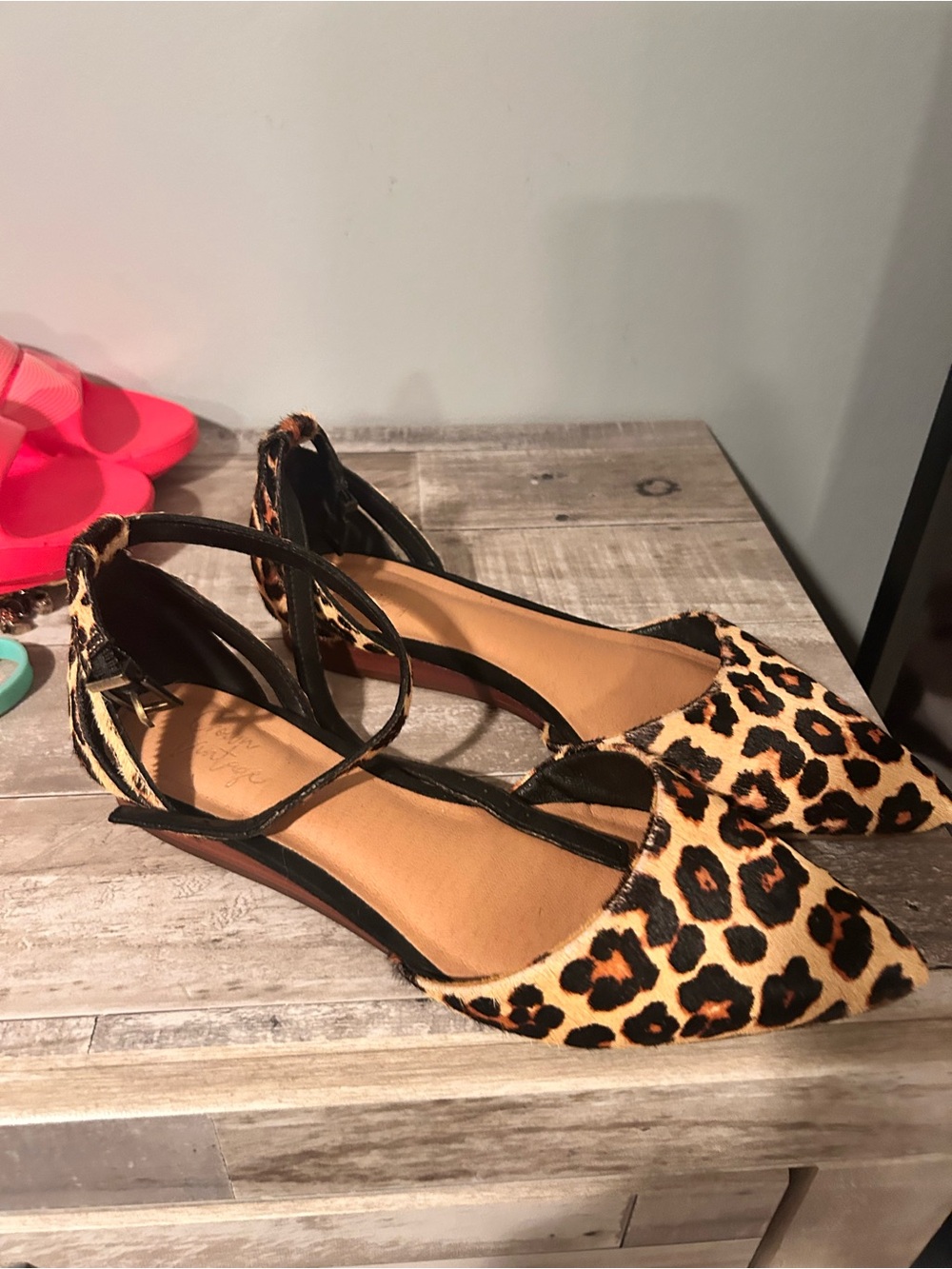 Crown Vintage Leopard-Print Pointed Toe Flats with Black Ankle Straps